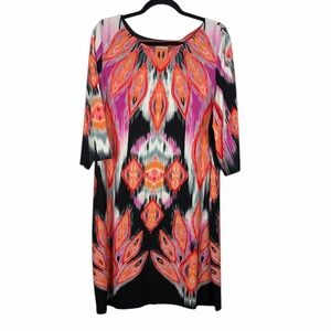 Chico’s Abstract Print 3/4 Sleeve Shift Dress Size 3 (XL) Pink Orange Black